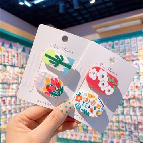 2021 New Girl Fresh Flower Fruit Hairpin Cartoon Graffiti Ink Style Baby Pair Hair Clip for Children Fashion Hair Accessories