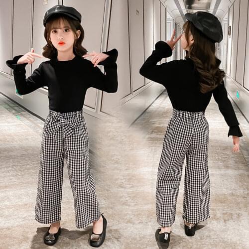 Girls Clothes Casual Children Clothing Set 2020 Autumn Flare Sleeve Shirts Bow Plaid Pants Baby Kids Suits 5 6 8 10 11 12 13Year