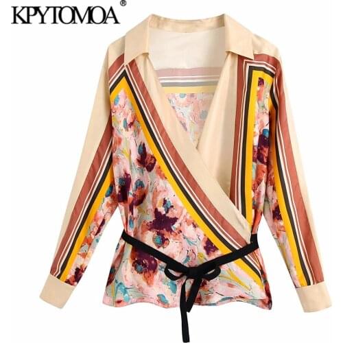 KPYTOMOA Women 2021 Fashion With Belt Floral Print Wrap Blouses Vintage Long Sleeve Patchwork Female Shirts Blusas Chic Tops