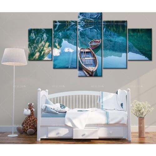 Moraine Lake 5 Panel HD Printed Snow mountain boat lake Landscape Print On Canvas Art Painting For home living room decoration