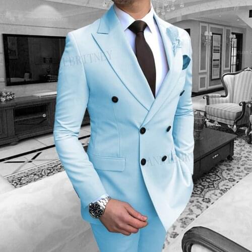 Trendy New Sky Blue Suit Men Formal Slim Fit Groom Tuxedo For Wedding Prom Party Dresses Male Classic Mens Suit Blazer Pants