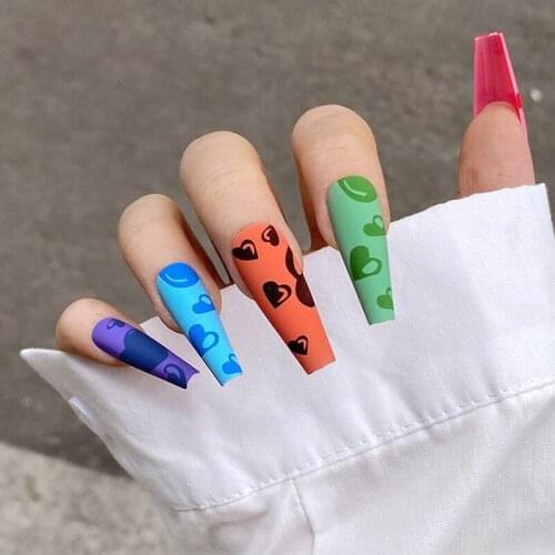 False Nails With Glue Long Full Cover Matte Coffin Fake Nail 24 Pcs Acrylic Artificial Nails Colorful Beauty Fingernail Art