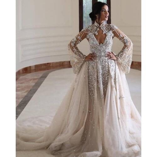 New Designer Top Quality A-Line Wedding Dresses with Detachable Train Crystals Beads High Neck Open Back Bridal Dresses