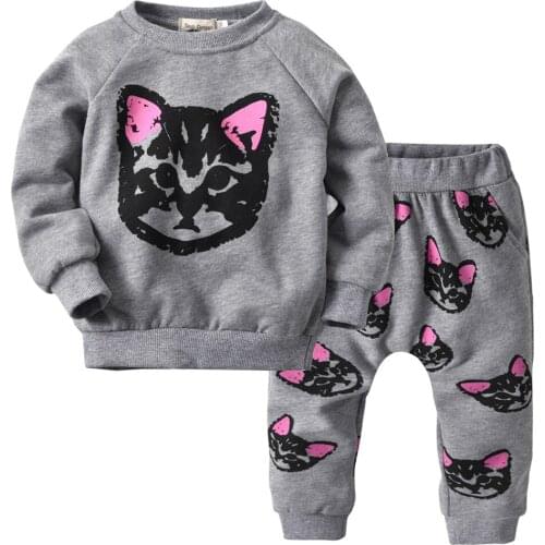 Toddler Girl Clothes 2020 Gray Cute Kitty Round Neck Sweater + Harlem Pants Two Piece Set Kids Bebes Jogging Suits Tracksuits