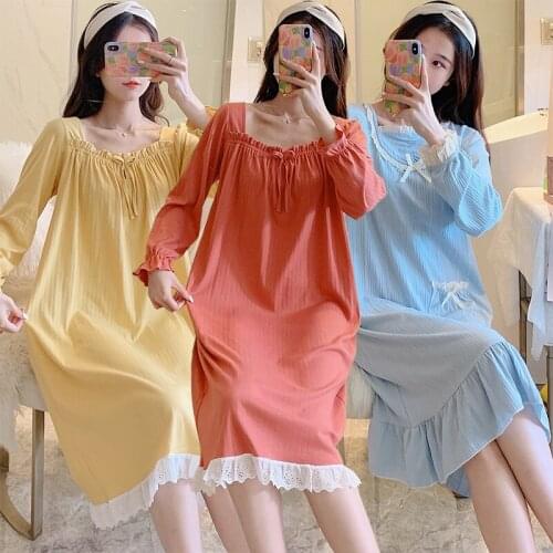 2021 Autumn 100% Cotton Long Sleeve Nightgowns for Women Loose Long Dress Sleepwear Night Dress Nightdress Nightwear Home Nighty