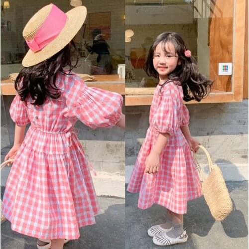 2-7year Baby Girl Dress Pink Color Plaid Summer Dress Fashion Beach Dress Girl Gift Sweet Korea Style Children Dress Clothes