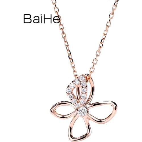 BAIHE Solid 18K White/Yellow/Rose Gold 0.16ct Round Natural Diamond Sweet pendant Fine Jewelry butterfly Necklace for Women