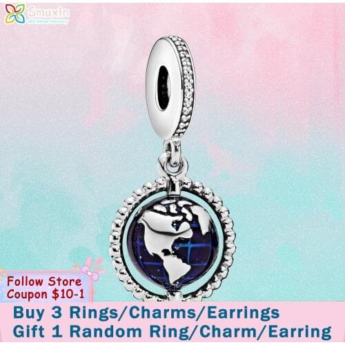 Smuxin 925 Sterling Silver Beads Spinning Globe Dangle Charms fit Original Pandora Bracelets Women Jewelry Making Birthday Gift