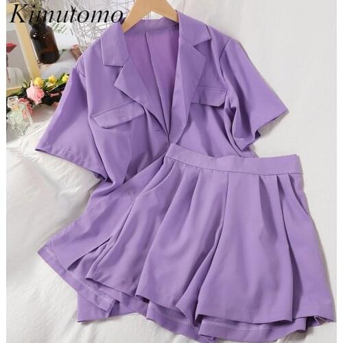 Kimutomo Stylish Suit Women Notched Collar Fake Pocket Top with High Waist Thin Shorts Gentle Wind Two-piece Set Girl Casual