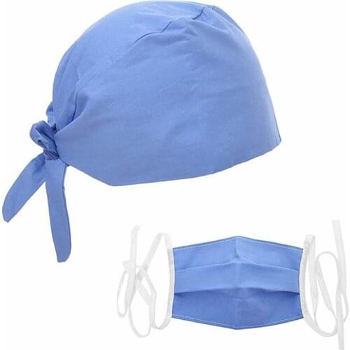 Unisex Scrub Caps Face Cover Sets Solid Bandage Adjustable Working Hat Cotton Sweatband Anti-dust Washable Workwear Caps Suits