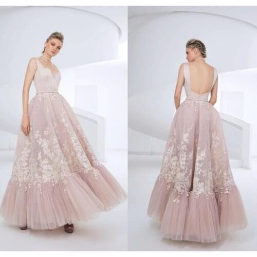 Evening Dresses V Neck A Line Appliques Lace Ankle Length Cocktail Dress 2020 A Line Formal Prom Gowns Robes De Soirée