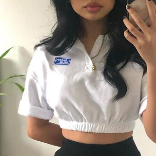 Letter Embroidery White Crop T Shirt Sexy Fashion 2021 Button Summer T Shirts Casual Turn Down Collar Open Navel Women T Shirt