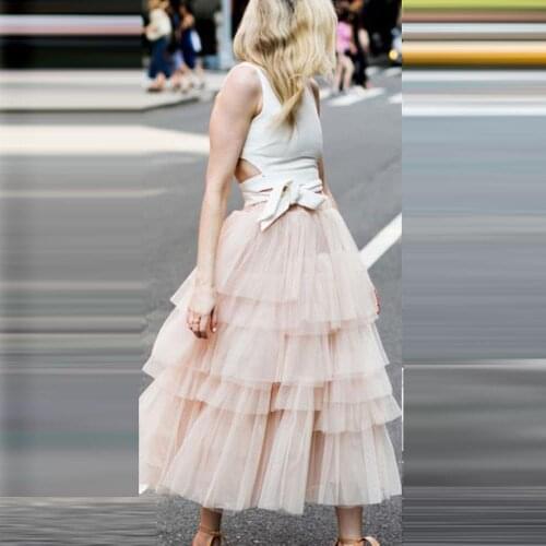 Street Fashion Tutu Puffy Tulle Skirt for Women Tiered jupe femme Party Photoshoot Female Long Skirts Pale Pink Ankle Length