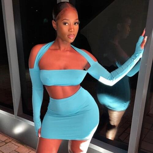 CHRONSTYLE 2 Pieces Women Suits 2021 Sexy Halter Off Shoulder Hollow Out Long Sleeve T-shirts Tops High Waist Pencil Mini Skirts