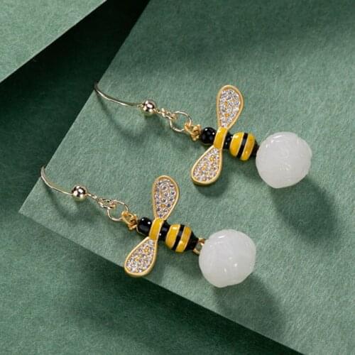 Uglyless Lovely Enamel Bees Crystals Earrings for Women Natural Jade Lotus Dangle Earrings 925 Silver Gemstones Fashion Jewelry