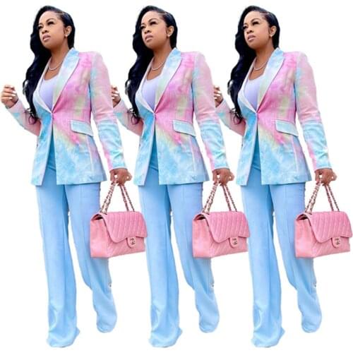 RStylish 2021 Autumn Women Fashion Tie Dye Print Vintage Turn Down Collar Long Sleeve Pockets Outerwear Chic Blazer Jacket