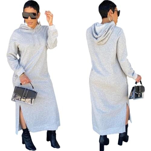 Women Long Dress Solid Full Sleeve Hooded Draw String Splited Loose Straight Maxi Dresses Fashion Casual Outfits Summer