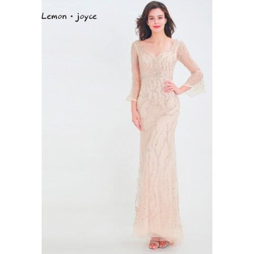 Lemon joyce Elegant Long Evening Dress Long Sleeve V-Neck Backless With Beading Mermaid Party Dress Prom Dresses Gowns For Women