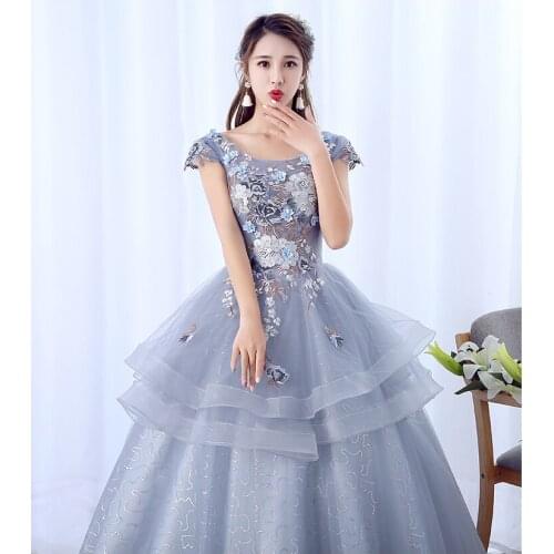 New silver grey sequines short sleeve lady girl women princess bridesmaid banquet dancing performance party dress gown
