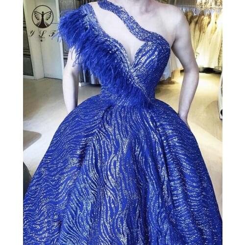 New Arrival Royal Blue One Shoulder Sleeveless Bling Bling Glitter Fabric Pleated Prom Dresses 2020