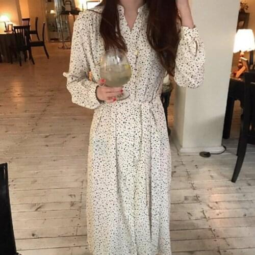 Women Spring dot chiffon Long Shirt Dress Sashes Long sleeve V Neck Casual Dresses