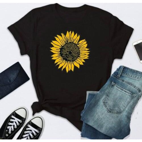 Golden Sunflower Print T Shirt Women Short Sleeve O Neck Loose Tshirt 2020 Summer Fashion Women Causal Tee Shirt Tops Mujer