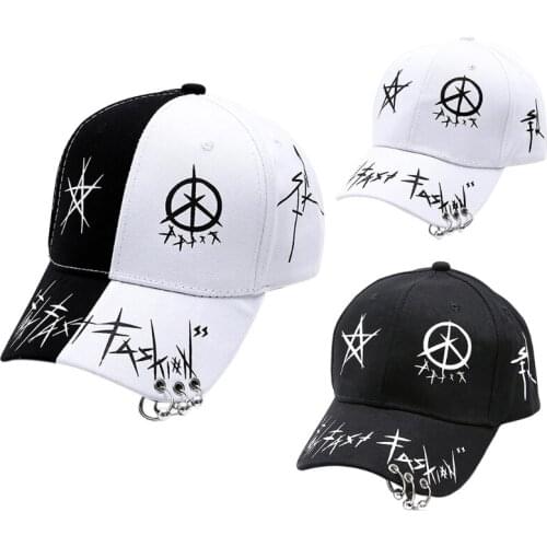 Men Women Black White Graffiti Printed Baseball Cap with 3 Metal Rings Harajuku Hip Hop Adjustable Snapback Trucker Hat