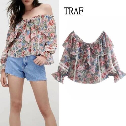 TRAF Za 2021 Blouses Women Fashion Print Long Sleeve Shirt Women Summer Blouse Elegant Off Shoulder Female Blusas Chic Tops