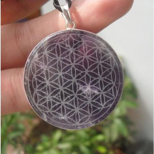 Flower of Life Amethyst Natural Quartz Crystal Silver Pendant Carved Healing 19g