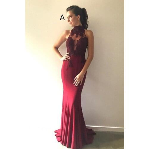 Burgundy Cheap Bridesmaid Dresses Under 50 Mermaid Halter Appliques Lace Long Wedding Party Dresses