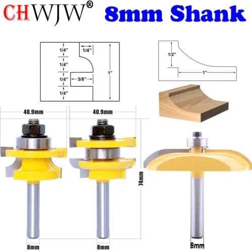 CHWJW 1-3PC 8mm Shank Rail & Stile Router Bits-Matched Quarter-round Woodworking cutter Tenon Cutter for Woodworking Tools