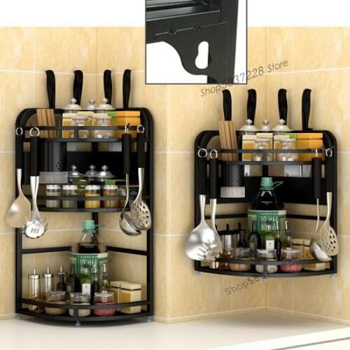 Kitchen Shelves Stainless Steel Tripod Kitchen Utensils Wall Mount Condiments Seasoning Corner Storage Shelf