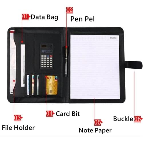 New PU Leather Notepad Multi-function Card Holder Pen File Clip Calculator Memo A4 File Organizer Portfolio Folder Document Bags