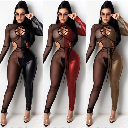 Fashion Sexy Jumpsuit Leather Pants Mesh Sexy Cross Bandage Body Suits for Women Romper Adult Onesies for Women Wholesale