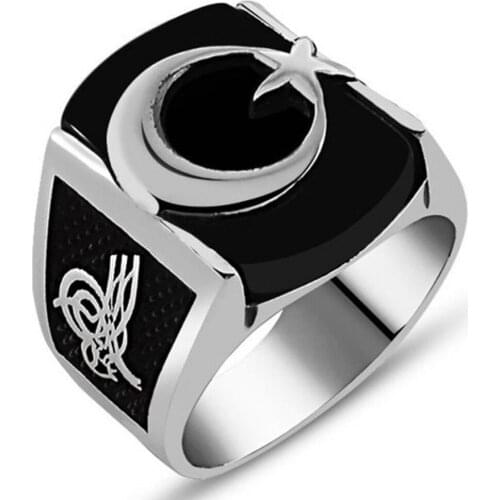 Solid 925 Sterling Silver Ottoman Sultan Tughra Turkish Moon Star Onyx Men Ring