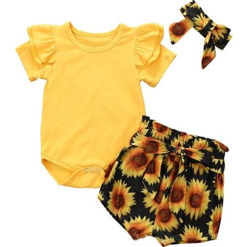 0-24M 3Pcs Newborn Baby Girl Clothes Set Ruffle Short Sleeve Top Romper Bodysuit Sunflower Shorts Summer Outfit Bow Headband New