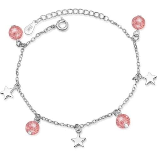 Natural Strawberry Crystal New Fashion 925 Sterling Silver Jewelry Single Layer Stars And Balls Beautiful Women Bracelets SB147