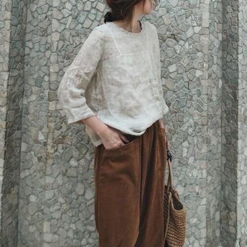 Autumn 2020 new womens large art cotton linen all round neck bottomed 7-sleeve shirt