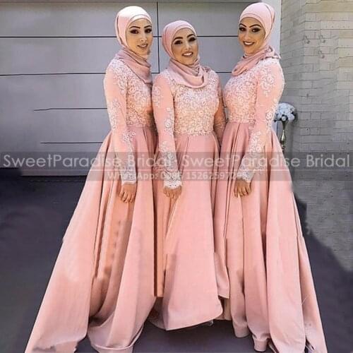 Blush Pink Lace Muslim Bridesmaid Dresses With Long Sleeves Appliques 2020 Arabic Dubai Women A Line Wedding Party Dress Gown