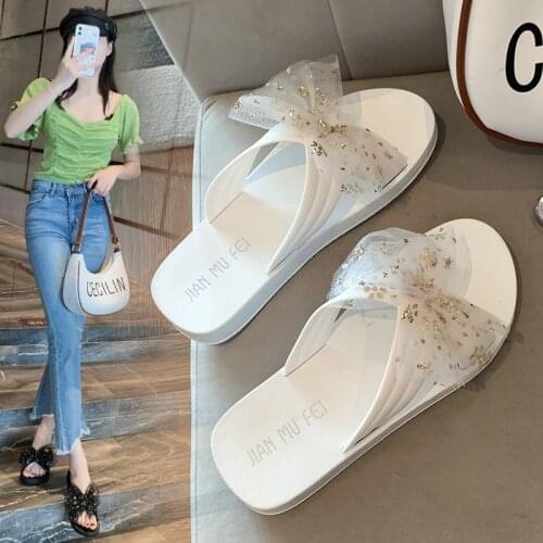 2021 Cute Bow Summer Slippers Women Platform Thick Soles Soft Non Slide Wear Resistant Ladies Beach Slides For Women Flip Flops