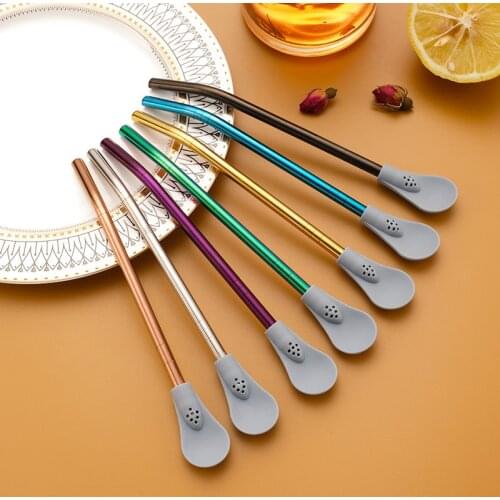 Creative Straw Spoon Multifunctional Tea Coffee Beer Straws Reusable Stainless Steel Drinking Straw Silicone Spoon Bar Accessory