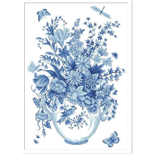 Fresh mood cross stitch package blue flower butterfly vase 18ct 14ct 11ct cloth cotton thread embroidery DIY handmade needlework