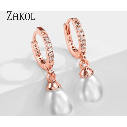 ZAKOL Luxury Water Drop shape Cubic Zirconia Pearl Pendant Earrings For Women Fashion Jewelry FSEP2602