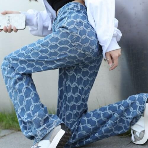 High Waist Blue Jacquard Jeans For Women Loose Printed Wide Leg Pants Summer Fall Straight Denim Pants Female Trousers 303