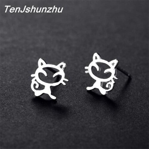 Drop Shipping Silver Color Hypoallergenic Cute Cat Stud Earring for Women Fashion Earring Pendientes