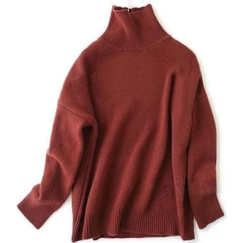 New fashion goat cashmere thick knit women turtleneck wide loose pullover sweater blue 3color M-L retail wholesale