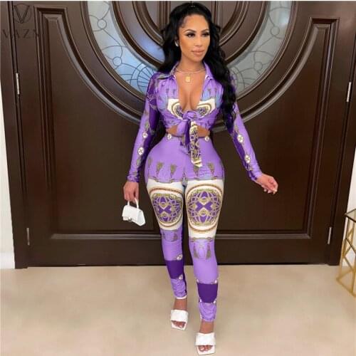 VAZN 2021 Autumn High Street Sexy Retro Bandage Top Young Bandage Deep V-Neck Full Sleeve Long Pants Slim 2PCs Set Women Suits