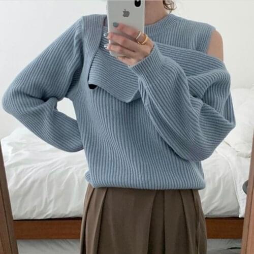 Autumn 2021 Round Neck Asymmetric Off Shoulder Knit Sweater Women Korean Elegant Long Sleeve Knitted Pullover Female Chic Tops