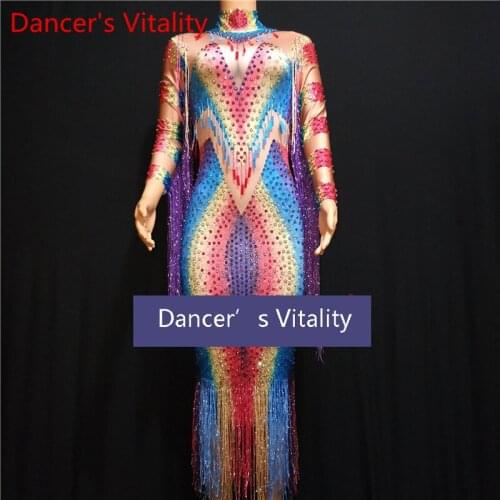 Women Singer DJ DS Host Colorful Stretch Slim Fit Tassel Diamond Dress Stage Wear Women Girls Stage Wear Competition Garments