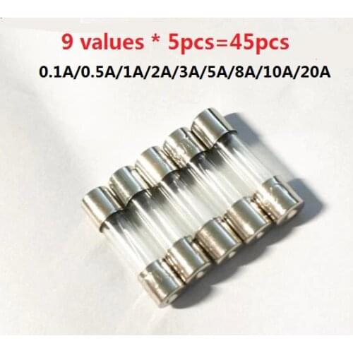 0.1A/0.5A/1A/2A/3A/5A/8A/10A/20A (9 values * 5pcs=45pcs) 5MM*20MM Glass fuse kit Fast blow kit set pack 5*20 Assorted